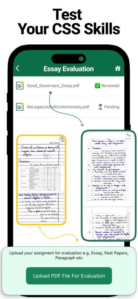 CSS Factory: Exam Preparation - Interface showing the essay evaluation feature with uploaded PDF assignments and feedback in the CSS Factory exam prep app.