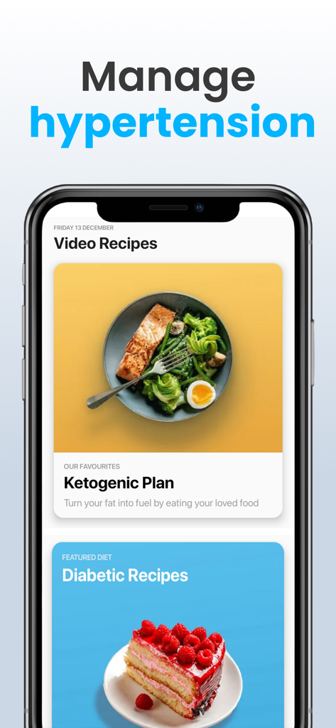 Dash Diet Plan app showing video recipes to manage hypertension