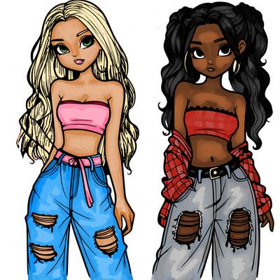 2 girls in crop tops and baggy jeans ripped