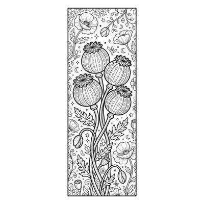 Immerse yourself in the delicate beauty of nature with this intricate poppy seed pods bookmark coloring page. Perfect for a calming creative break, it transforms into a beautiful, personalized marker for your favorite books.