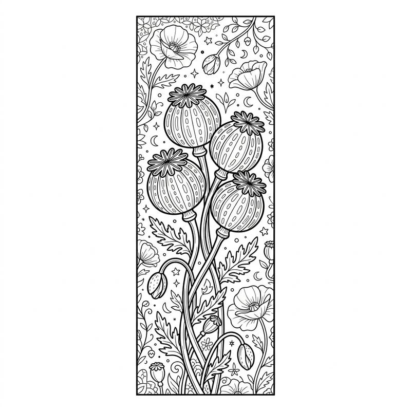 Immerse yourself in the delicate beauty of nature with this intricate poppy seed pods bookmark coloring page. Perfect for a calming creative break, it transforms into a beautiful, personalized marker for your favorite books.