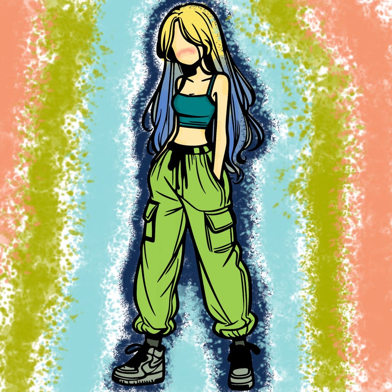 girl in baggy pants crop top and long hair