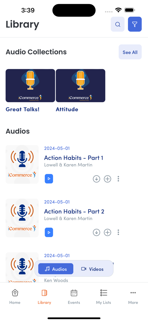 Tela da biblioteca de áudio do aplicativo iCommerce Connect apresentando coleções de áudio de treinamento de negócios e podcasts