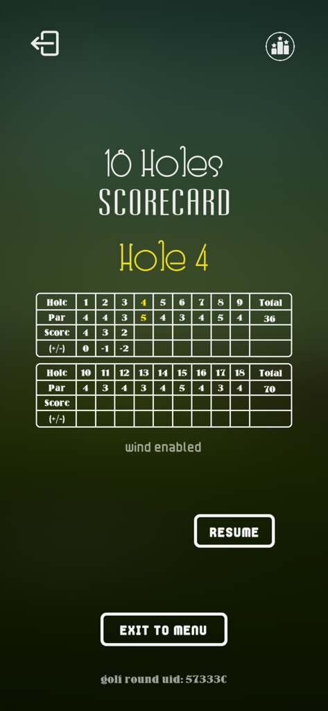 Scorecard display for an eighteen hole golf round in Stinger Golf