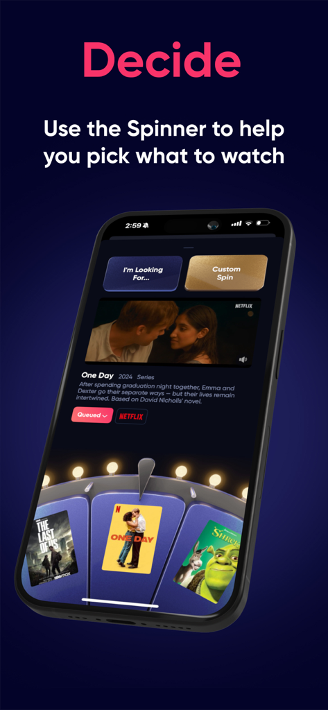 Queue - Find Movies & Shows - Queue app spinner interface helping users decide which movie or show to watch