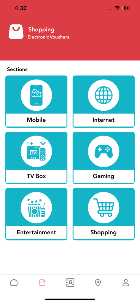 Asse Online - Asse Online app dashboard showing electronic voucher categories for mobile, internet, gaming, and shopping