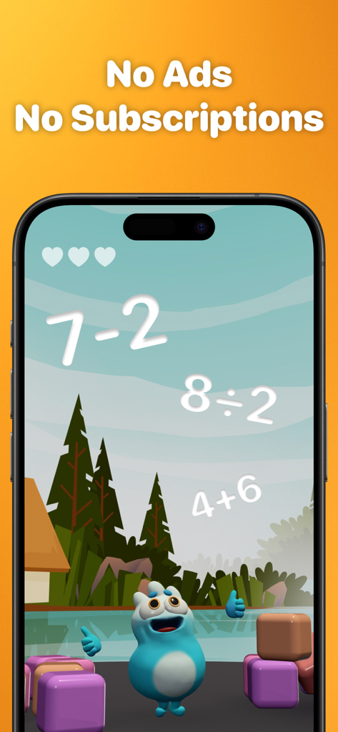 Times Tables, Math: Artie PRO - Un juego de aprendizaje de matemáticas en 3D para niños que muestra problemas de suma, resta y división.