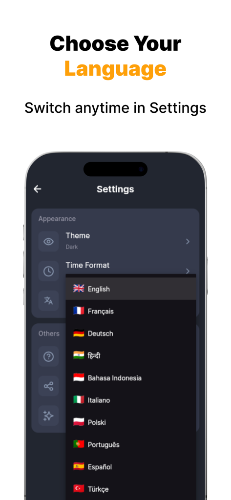 Currency Converter Pro Live - A smartphone screen showing the language selection menu in the Currency Converter Pro Live app with various global flags and languages.