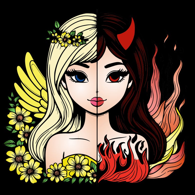 realistic girl half angle half devil with flowers and fire