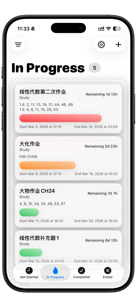 Liquid Deadline - Liquid Deadline app interface showing in-progress tasks with colorful progress bars and remaining time