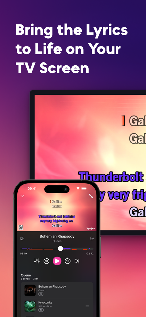 KaraFun – Karaoke & Music Quiz - KaraFun mobile app displaying karaoke lyrics on both a smartphone and a TV screen