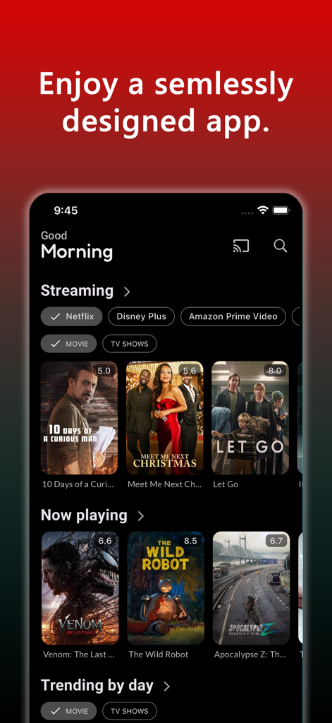 MerlMovie app home screen displaying trending movies and streaming service filters