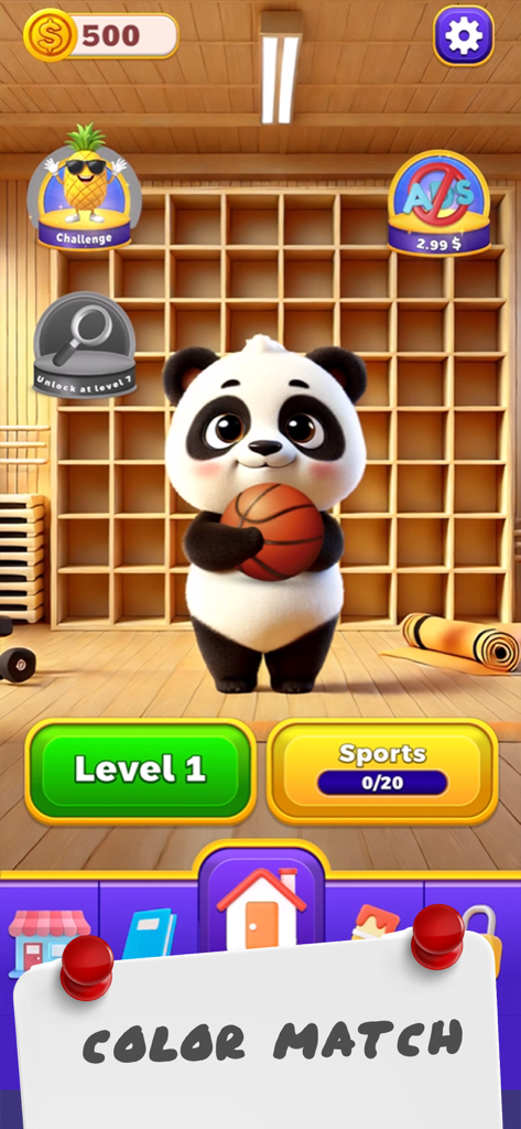 Coloring Matchゲームのホーム画面には、スポーツをテーマにした部屋でバスケットボールを持っているかわいいパンダが表示されています