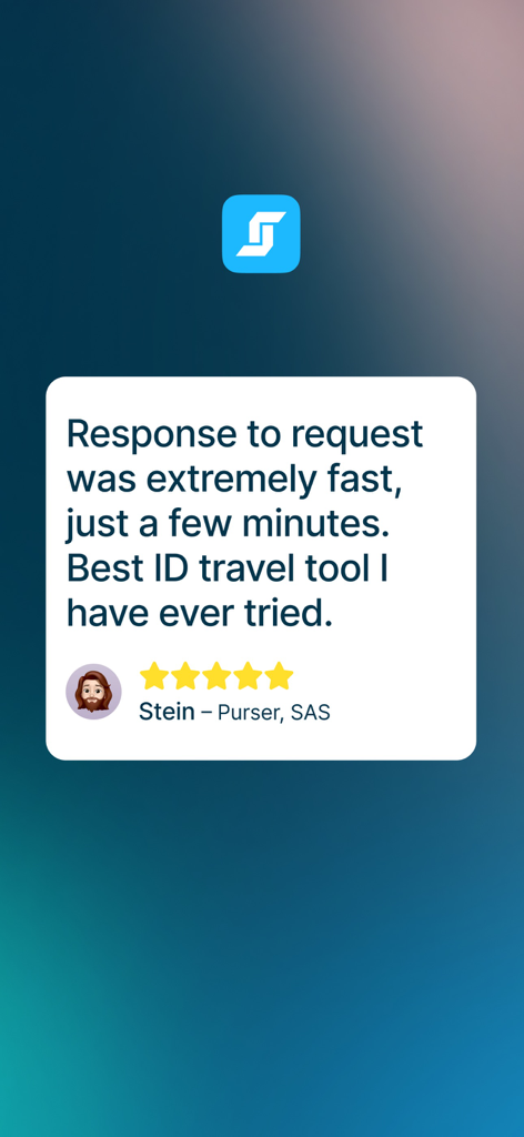 StaffTraveler - Una recensione utente a cinque stelle per l'app StaffTraveler da parte di un purser SAS che evidenzia i tempi di risposta rapidi