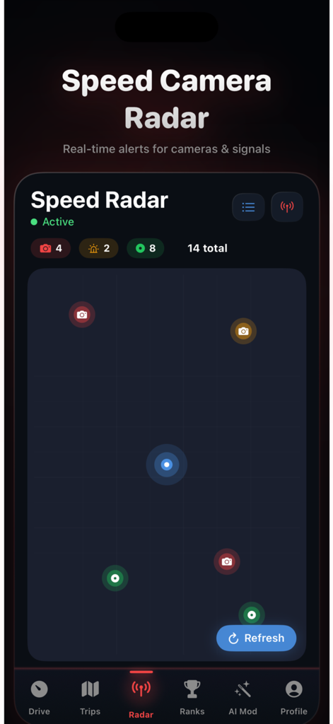 TripRank :Speed Tracker - A real-time speed camera and radar map interface in the TripRank app showing nearby traffic alerts.