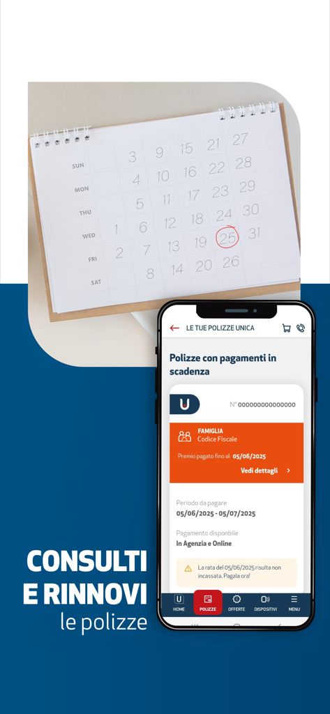 Unipol Assicurazioni app on a smartphone displaying policy expiration and renewal options with a calendar