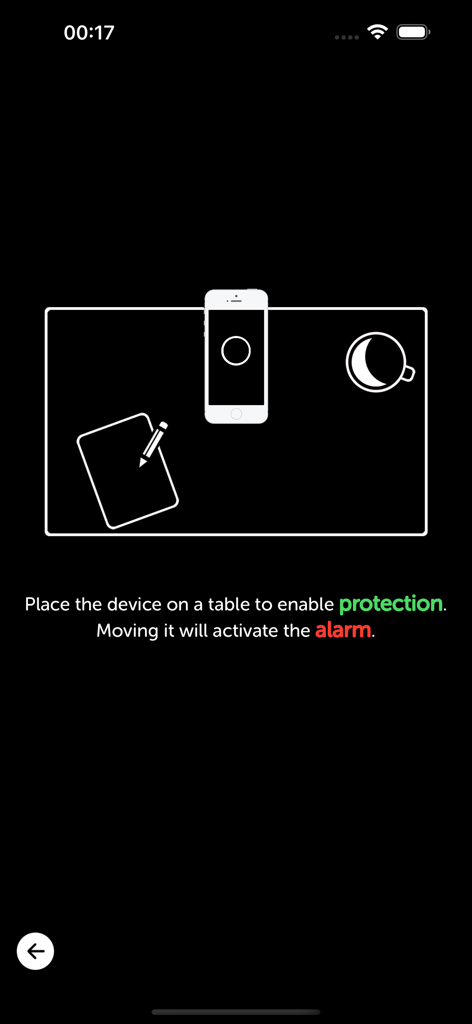 iAntiTheft - Pantalla de instrucciones de la aplicación iAntiTheft para habilitar la protección de movimiento en una mesa