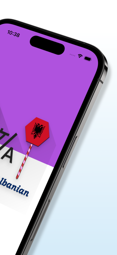 Écran de smartphone montrant l'interface de l'application Traduction Anglais Albanais avec une icône de drapeau albanais.