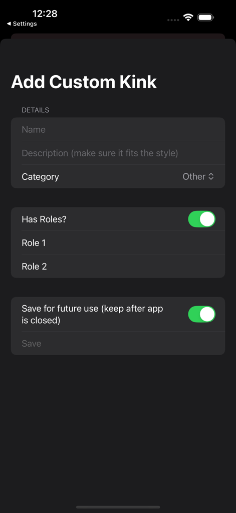 KinkMatch - A screenshot of the KinkMatch app interface showing the form to add a custom kink with name, description, and role options.