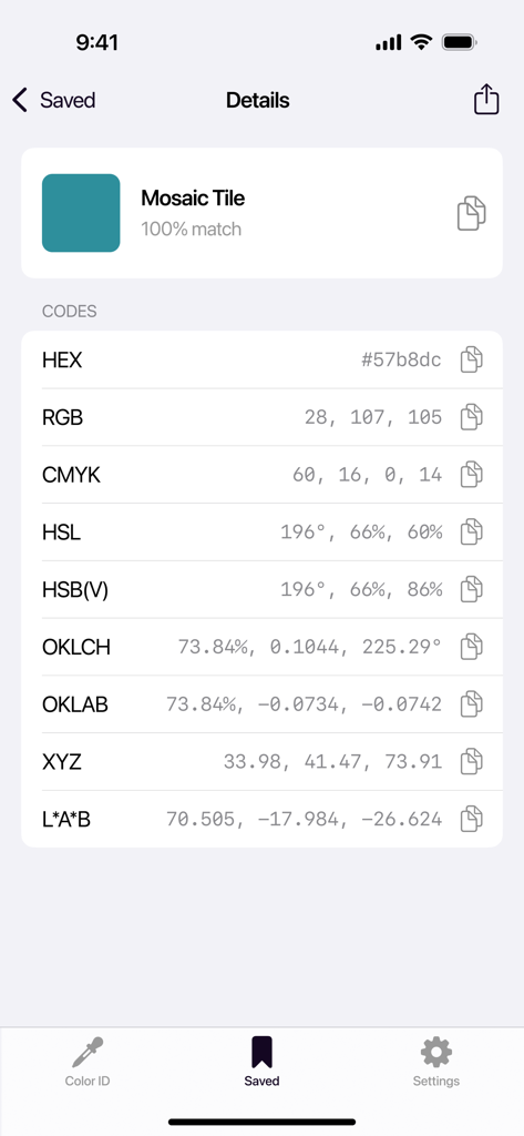 Color Identifier. Camera - Vista de detalle de un color guardado que muestra códigos HEX RGB y CMYK en la aplicación Identificador de Color
