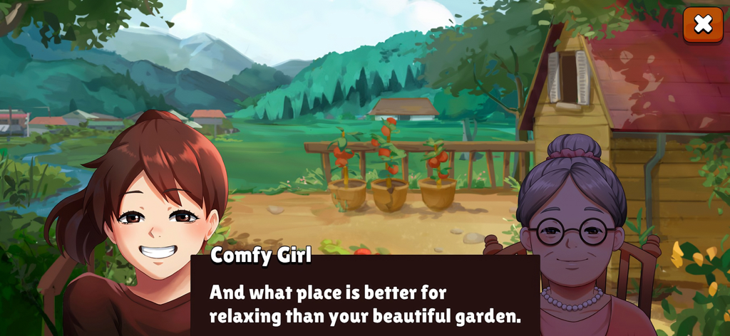 Comfy Girl - Cute & Aesthetic - Comfy Girl and her Granny talking in a peaceful garden with a house and mountains in the background