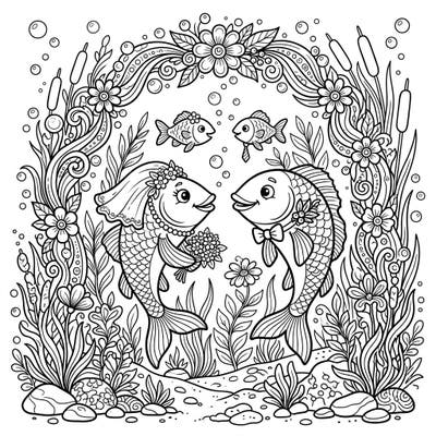 Celebrate love in the depths with this whimsical river fish wedding coloring page, featuring a charming fishy couple ready for their special day. Immerse yourself in an enchanting aquatic scene, perfect for all ages to bring to life with color.