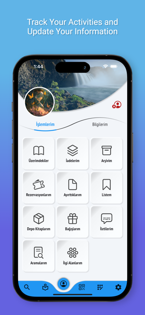 Cep Kütüphanem - Dashboard der mobilen App zur Verfolgung von Bibliotheksaktivitäten und Benutzerinformationen.