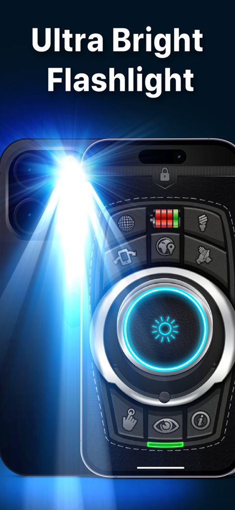 Best Flash Light - Flashlight - Interfaz de la aplicación Ultra Bright Flashlight mostrando un botón de encendido central y varios iconos de utilidad en un iPhone.