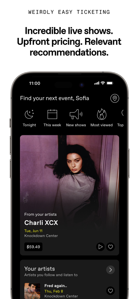 DICE: Live Shows - Schermata di scoperta eventi dell'app DICE con il concerto di Charli XCX con prezzi trasparenti