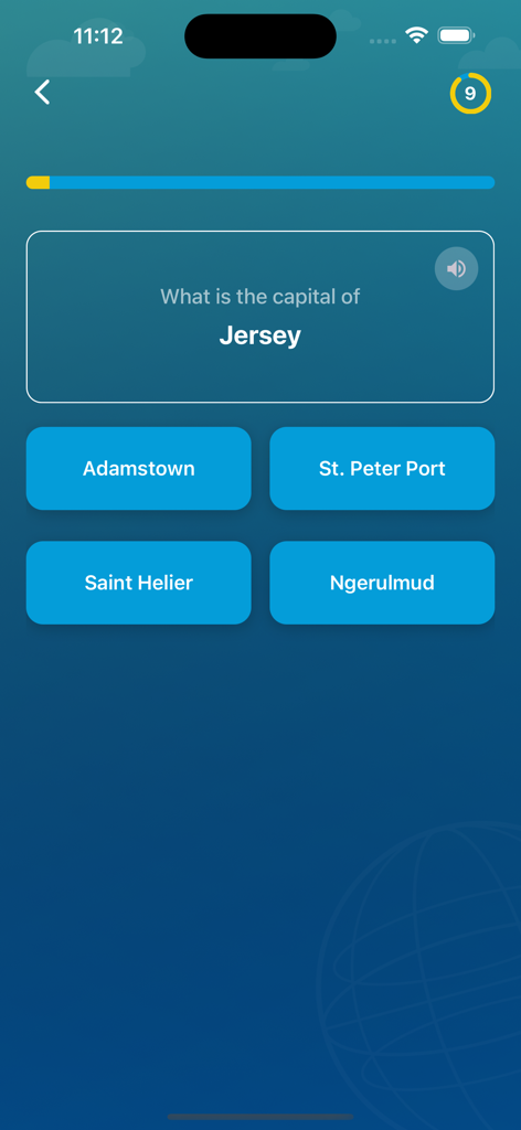 World Quiz and Emojis - Una interfaz de cuestionario de geografía de la aplicación World Quiz and Emojis preguntando por la capital de Jersey con cuatro botones de respuesta de opción múltiple.