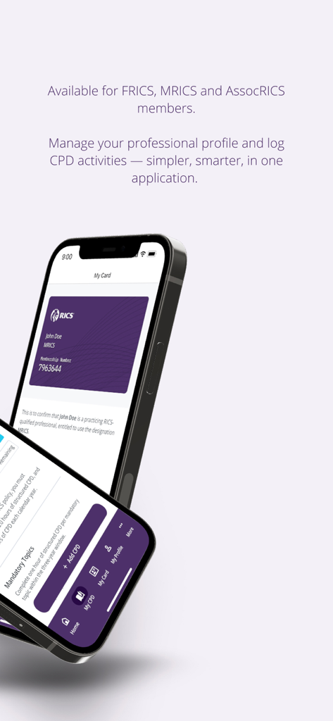 RICS Member App interface on iPhones showing digital membership card and CPD tracker feature