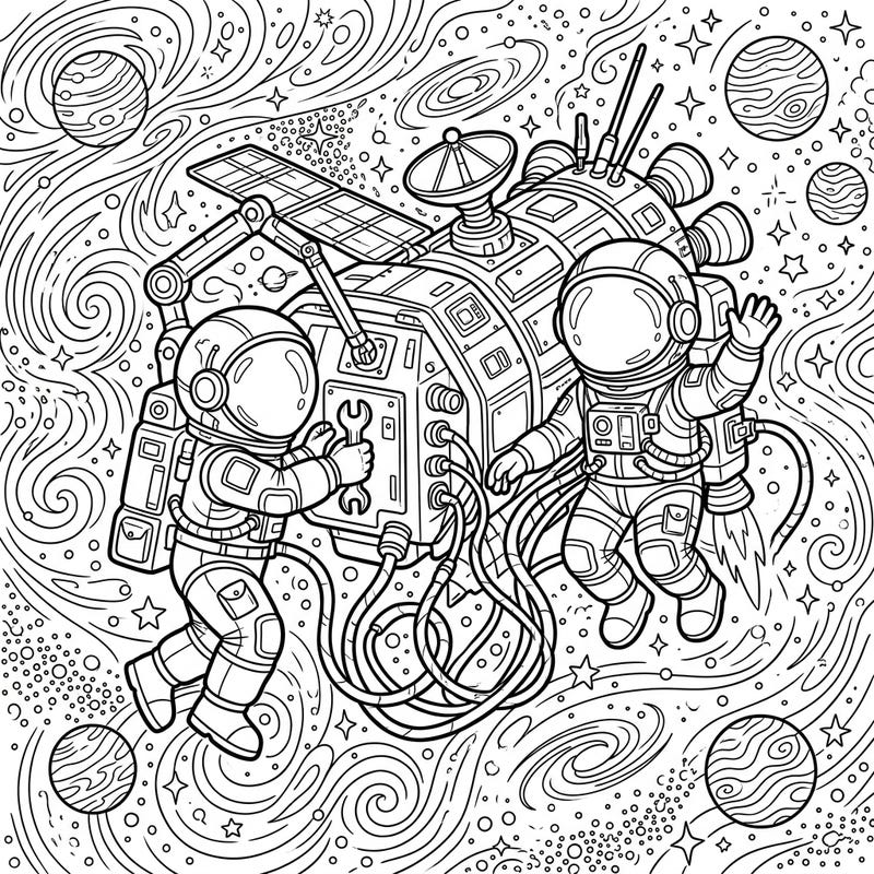 Embark on an incredible journey beyond Earth's atmosphere with our Spacewalking Astronauts coloring page. This intricate design invites you to bring the daring work of space explorers to life with your favorite colors.