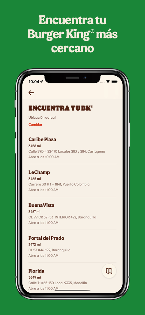 Burger King® Colombia - Oberfläche der Burger King Kolumbien App, die eine Liste von nahegelegenen Restaurantstandorten mit Adressen und Öffnungszeiten anzeigt