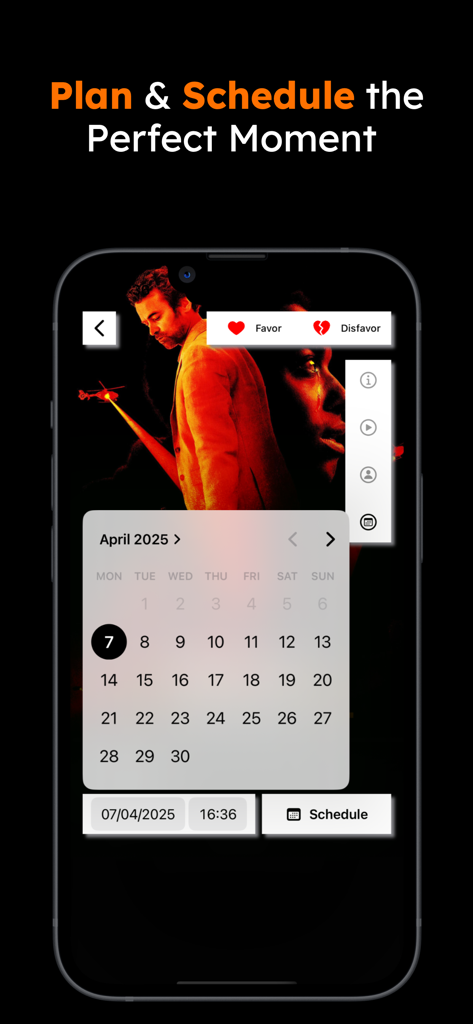 Interface do planejador cinematográfico do Magi TV e Assistente de Filmes com IA mostrando um calendário e botão de agendamento