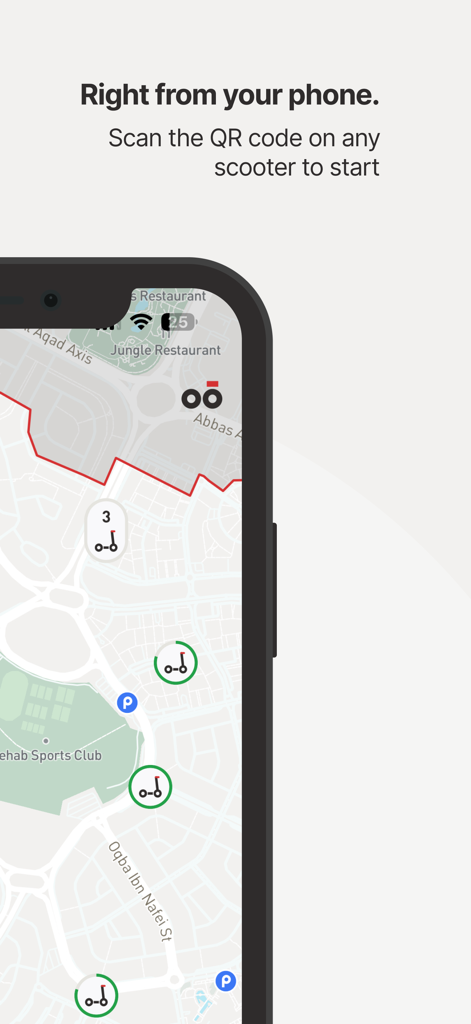 Smartphone displaying the loop scooter app map with available scooter locations and instructions to scan a QR code