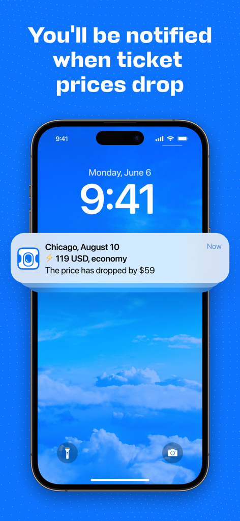 Aviasales — Book cheap flights - 아이폰 잠금 화면, 시카고행 항공권 가격 하락 푸시 알림 표시
