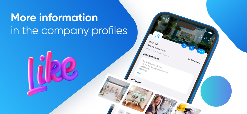 DIKIDI Online - A smartphone screen displaying a beauty salon business profile in the DIKIDI Online app including its interior photo gallery and booking button.