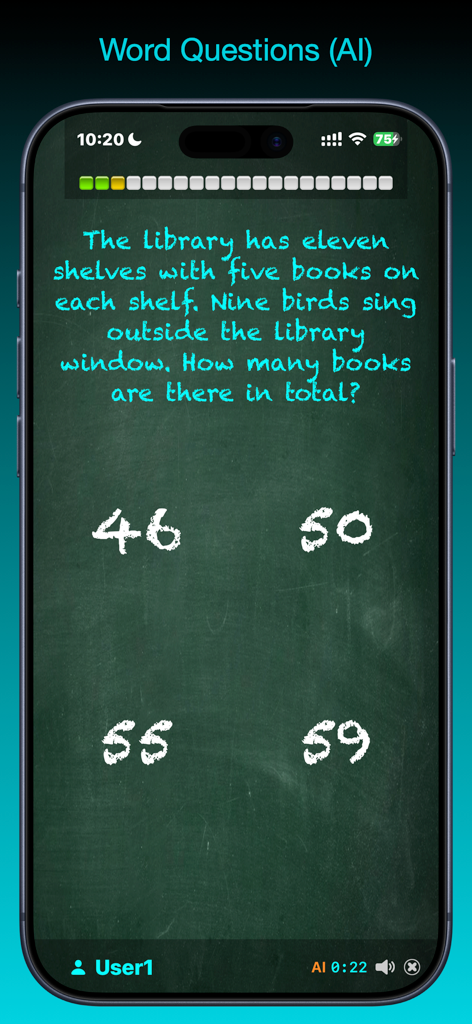 TimesX Times Tables Tester - AI generated multiplication word problem on a chalkboard background in the TimesX app