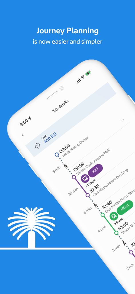S'hail app journey planner showing bus and metro route details in Dubai