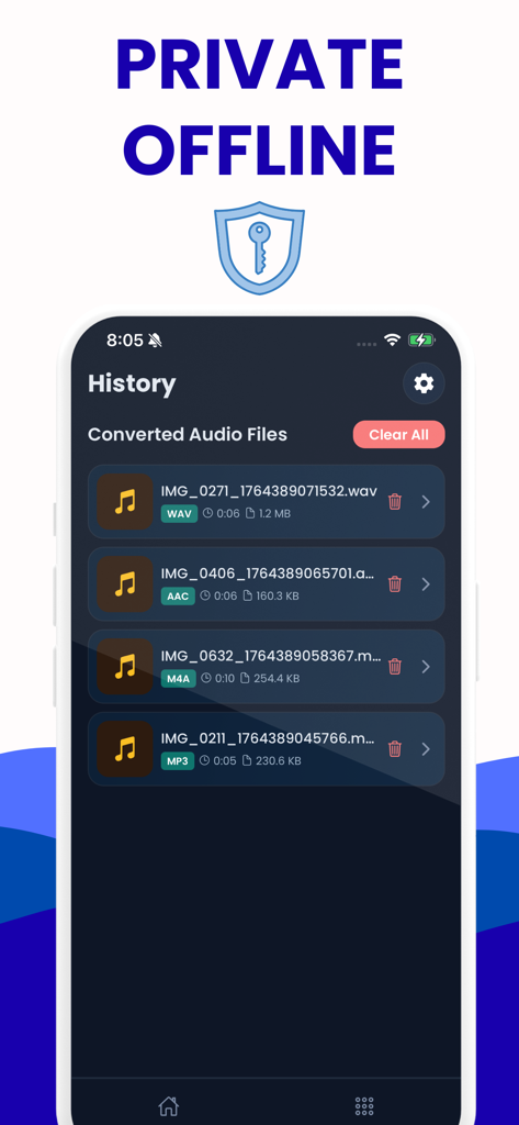 Video to Audio Converter - mp3 - Una interfaz de aplicación móvil que muestra un historial de archivos de audio convertidos en varios formatos como MP3, WAV y AAC con un encabezado que enfatiza el procesamiento privado y sin conexión.