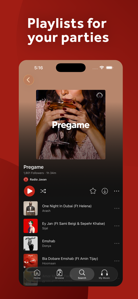 Interface do aplicativo Radio Javan mostrando uma playlist selecionada para festas "Pregame" com várias faixas de música persa