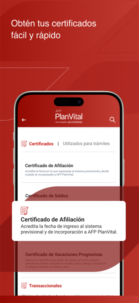 AFP PlanVital - Interface of the AFP PlanVital app displaying the certificates menu for Chilean pension fund management