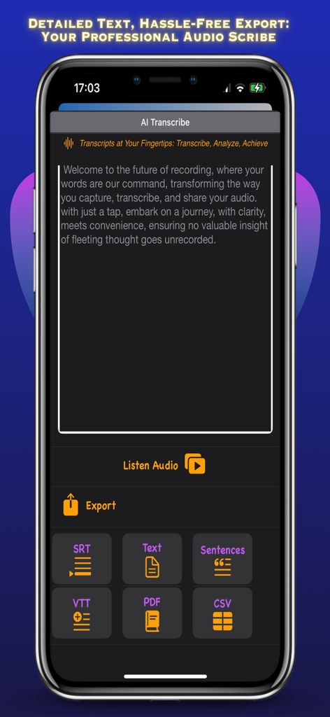 AI Transcribe app interface showing a text transcript and various export formats like PDF SRT and CSV