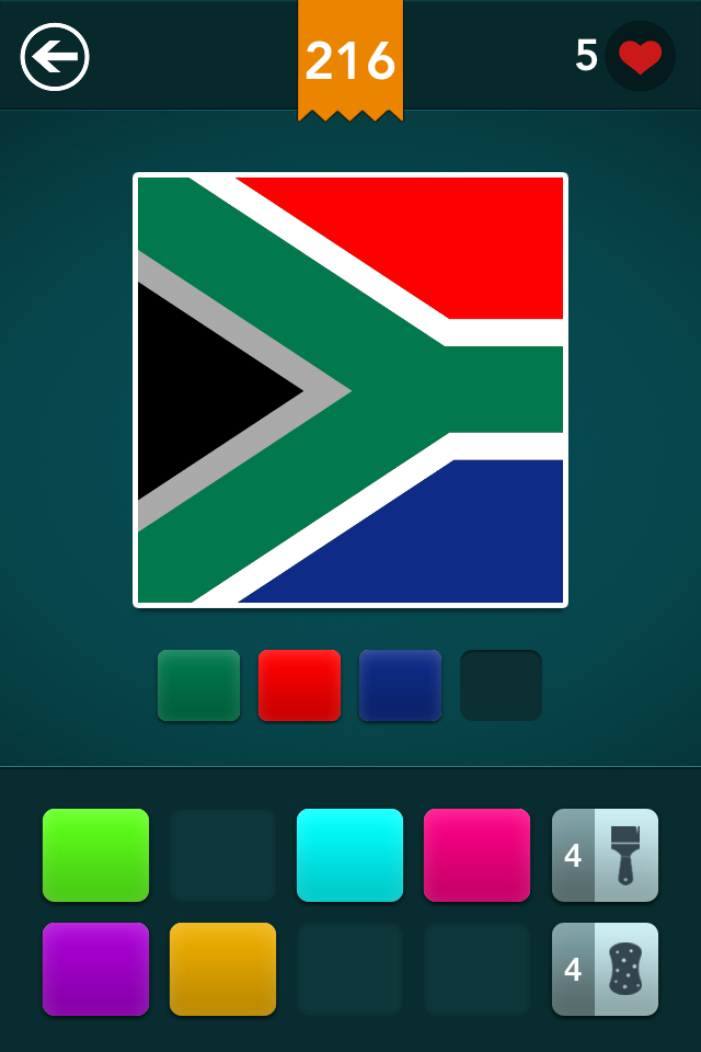 A puzzle level from the Guess the Color mobile game featuring the South African flag