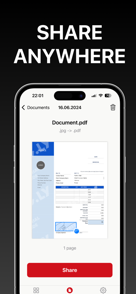 Interfaz de la App PDF en iPhone mostrando una vista previa del documento y un prominente botón rojo de compartir para exportar fácilmente documentos.