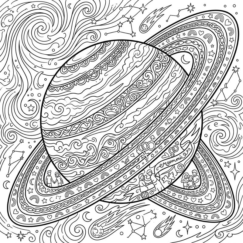 Journey to a captivating cosmos with our Gothic Pride Gas Giant coloring page. This intricate design blends celestial wonder with symbols of love and diversity for a truly unique artistic experience.