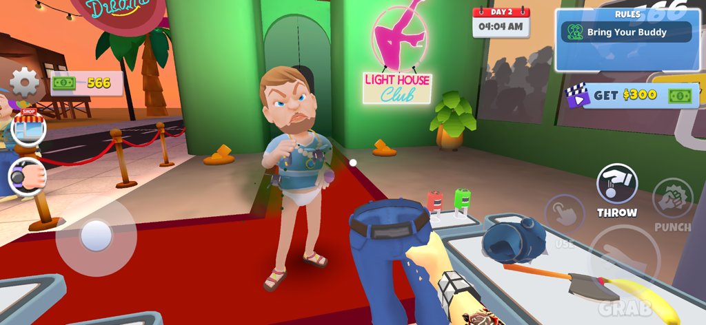 Gameplay of Guard Life Nightclub 3D showing a security guard holding a guest's pants at a club entrance