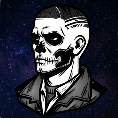 man with skull face and buzz cut