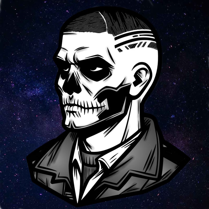 man with skull face and buzz cut
