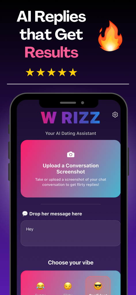 W Rizz: AI Dating Assistant - Pantalla de la aplicación W Rizz que muestra funciones para subir capturas de pantalla de chat y elegir tonos de respuesta como divertido, coqueto o seguro